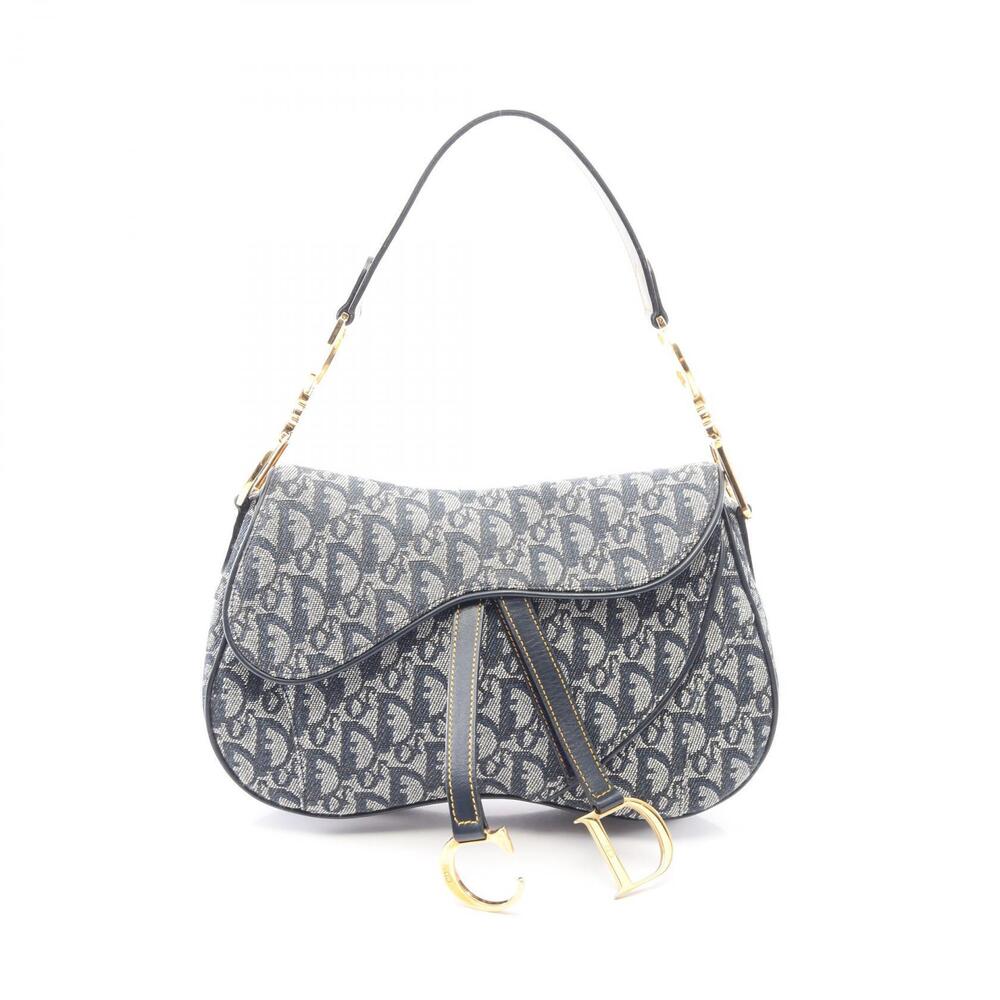 Christian Dior Double Saddle Bag Trotter Handbag Canvas Leather Ivory White Navy